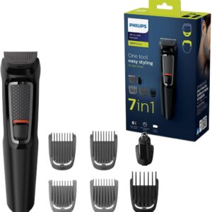 Philips 7-in-1 All-In-One Trimmer, Series 3000 Grooming Kit for Beard & Hair with 7 Attachments, Including Nose Trimmer, Self-Sharpening Blades, UK 3-Pin Plug-MG3720/33