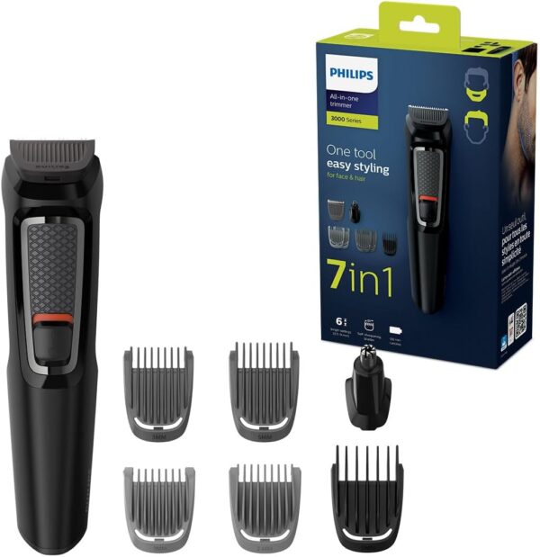 Philips 7-in-1 All-In-One Trimmer, Series 3000 Grooming Kit for Beard & Hair with 7 Attachments, Including Nose Trimmer, Self-Sharpening Blades, UK 3-Pin Plug-MG3720/33