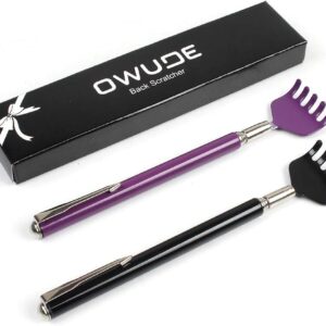 Portable Extendable Back Scratcher, OWUDE Telescoping Scratcher Tetractable Bear Claw Metal Hand Massager Tool Pack of 2 (Black + Purple) (Style 1)