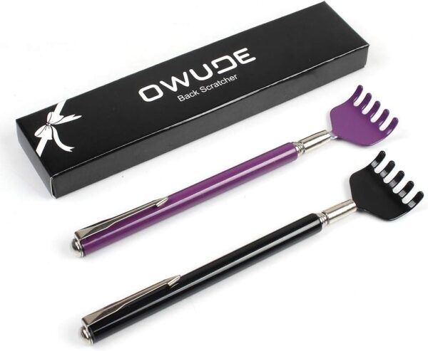 Portable Extendable Back Scratcher, OWUDE Telescoping Scratcher Tetractable Bear Claw Metal Hand Massager Tool Pack of 2 (Black + Purple) (Style 1)