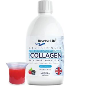 Reverse Life High Strength Marine Collagen for Skin, Hair, Nails and Joints, Hydrolysed Peptide Drink Infused with Hyaluronic Acid, Vitamin C, D and Biotin, Mixed Berry Flavour,...