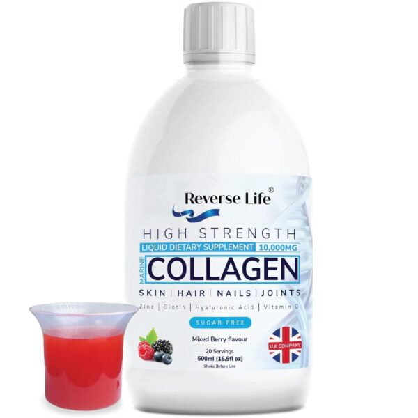 Reverse Life High Strength Marine Collagen for Skin, Hair, Nails and Joints, Hydrolysed Peptide Drink Infused with Hyaluronic Acid, Vitamin C, D and Biotin, Mixed Berry Flavour,...