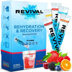 Revival Rapid Rehydration Electrolytes Powder - High Strength Vitamin C, B1, B3, B5, B12 Supplement Sachet Drink, Effervescent Electrolyte Hydration Tablets - 12 Pack Assorted...