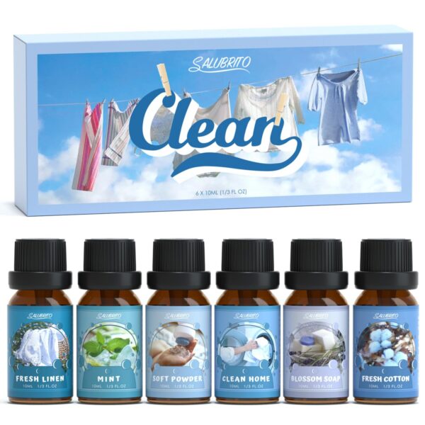 SALUBRITO Clean Essential Oils Set, Fresh Cotton, Clean Home, Fresh Linen, Soft Powder, Blossom Soap, Mint Scented Oils for for Diffuser, Candle, Soap Making, Premium Fragrance...