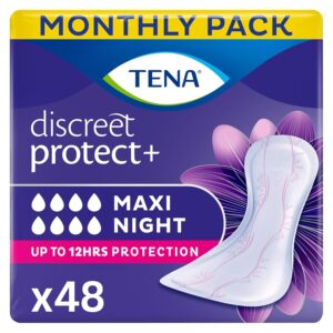 TENA Discreet Maxi Night, Incontinence Pads for Women, Specifically Designed for Night Time Protection with Wider Back and Extra Length, 48 Count (Pack of 1),packaging may vary