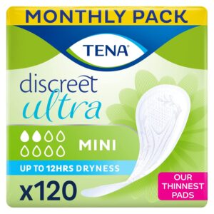 TENA Discreet Ultra Mini, 120 Incontinence Pads (20 x 6 packs) Individually Wrapped, for Women with Light to Medium Bladder Weakness, Incontinence and Unpredictable Drips...
