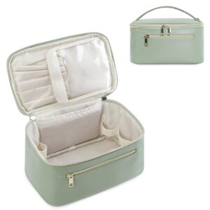 Travel Makeup Bag with Brush Compartment, Large Cosmetic Bags, PU Leather Makeup Case with Handle, Water-Resistant for Women, Green (Patent Pending)