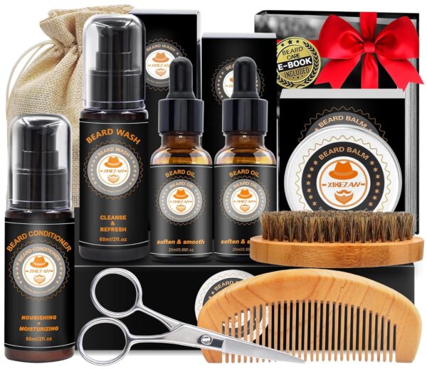 Upgraded Beard Grooming Kit w/Beard Conditioner,Beard Oil,Beard Balm,Beard Brush,Beard Wash,Beard Comb,Scissor,Bag,E-Book,Valentines Fathers Birthday Gifts for Men Him Dad...