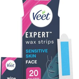 Veet Expert Waxing Strips for Sensitive Skin - 20 Cold Wax Strips & 4 Finish Wipes for Eyebrow, Facial Hair Removal - Hydrating, Exfoliating, Ideal for Face