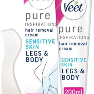 Veet Pure Sensitive Hair Removal Cream 200 ml - Leg Depilatory for Smooth, Exfoliated, and Hydrated Results with Shea Butter