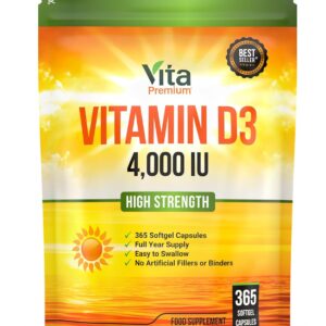 Vitamin D 4,000 IU Softgels, Maximum Strength Vitamin D3 Supplement, 365 Easy to Swallow Softgels (Not Tablets) - Full Year Supply