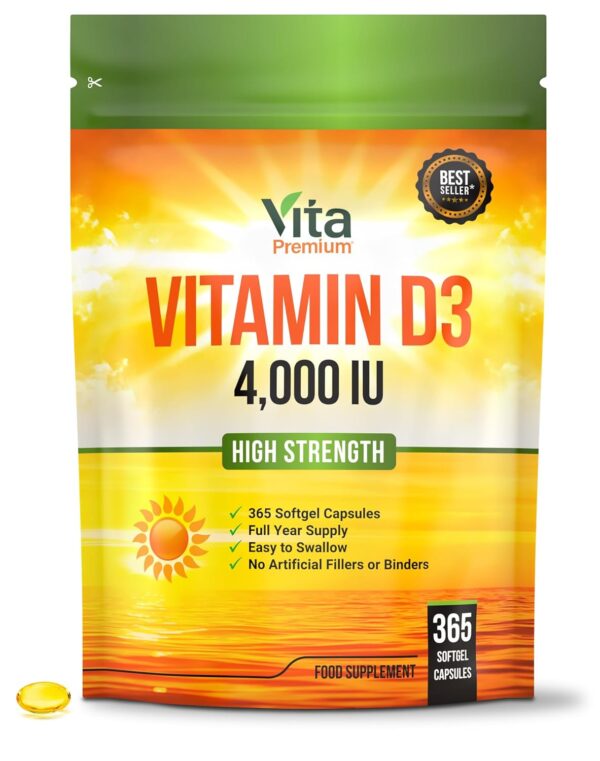 Vitamin D 4,000 IU Softgels, Maximum Strength Vitamin D3 Supplement, 365 Easy to Swallow Softgels (Not Tablets) - Full Year Supply