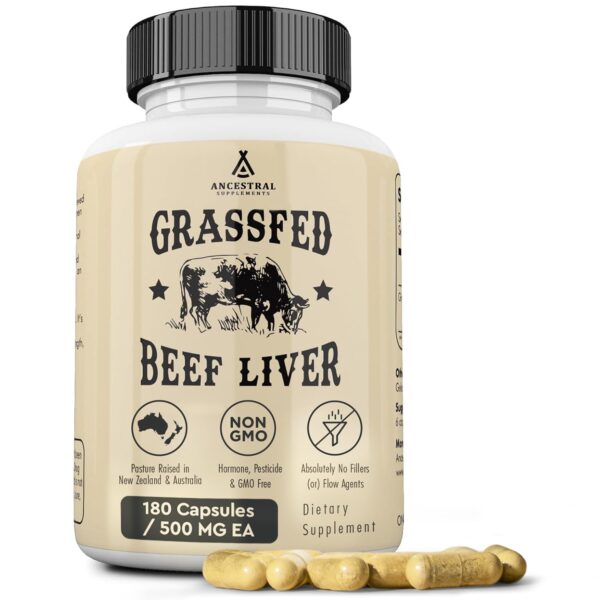 Ancestral Supplements Grass Fed Beef Liver 180 Capsules, Supports Energy Production, Detoxification, Digestion, Immunity and Full Body Wellness, Non-GMO, Freeze Dried Liver...