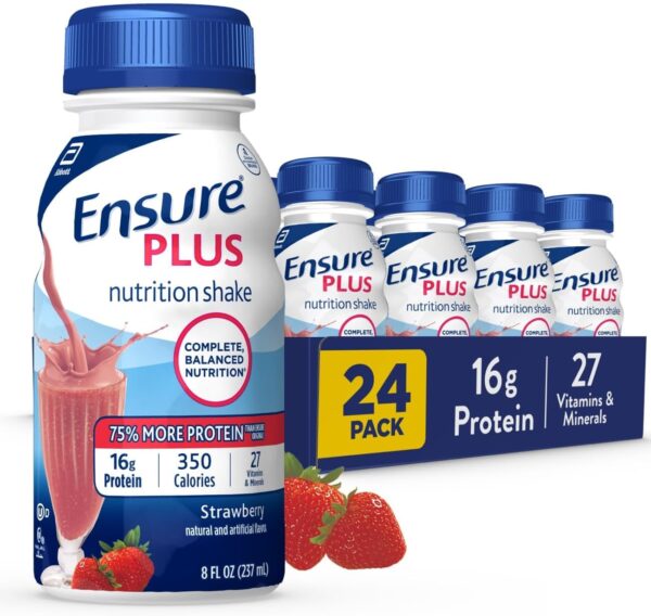 Ensure Plus Strawberry Nutrition Shake With Fiber | Meal Replacement Shake | Ready To Drink | 16g Protein and 27 Vitamins and Minerals | 8 fl oz - 24 Pack