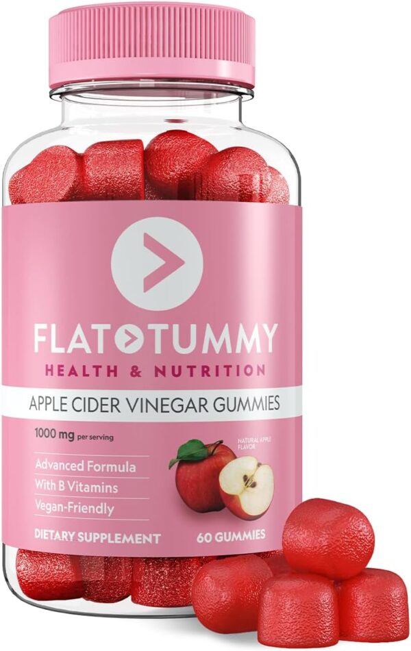 Flat Tummy Apple Cider Vinegar Gummies, 60 Count – ACV Gummies, Detox, Support Gut Health – Vegan-Friendly, Non-GMO - Beet and Pomegranate Superfood Powders, Vitamins B6, B9 & B12