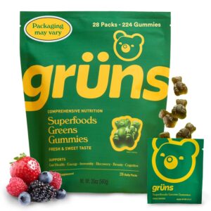 Gruns Adults Super Greens Gummies, Multivitamin Superfood Gummy Bears with Spirulina, Chlorella, Prebiotics & Fiber for Digestive Health, Adaptogens Supplement with 20 Vitamins...