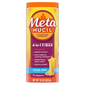 Metamucil 4 in 1 Daily Fiber Supplement Powder, Fiber Powder for Digestive Health and Regularity*, Sugar-Free, Orange, Naturally Sourced Psyllium Fiber, 72 teaspoons