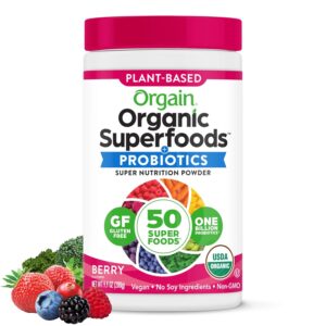 Orgain Organic Greens Powder + 50 Superfoods, Berry - 1 Billion Probiotics for Digestive Health, Antioxidants, Vegan, Plant-Based, Gluten-Free, Non-GMO, Green Juice & Smoothie...