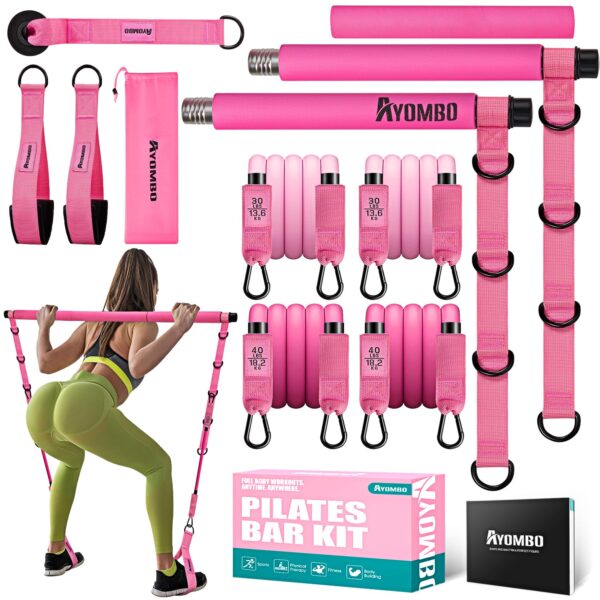 Pilates Bar Kit With Resistance Bands, Workout Equipment for Legs, Hip, Waist, Arm, Squats Exercise Equipment for Home Workouts, Adjustable 3-Section Bar Kit for Women & Men