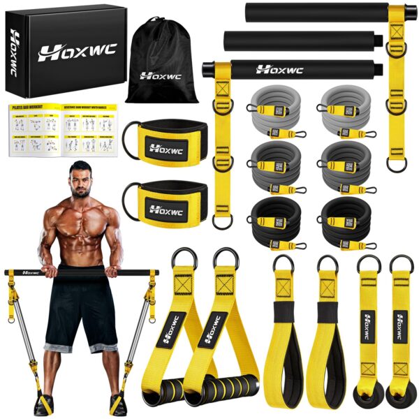Pilates Equipment, Portable Pilates Bar Kit with Resistance Bands, Professional Adjustable Heavy Duty Squat Workout Equipment for Men, Home Gym Muscle Strength Training, Full...