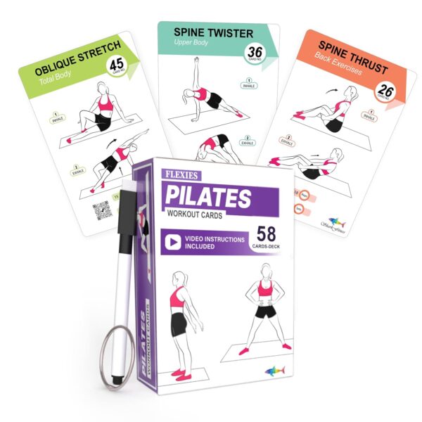 Pilates Workout Cards - 58 Exercise Cards with Pilates Mat Workout Postures, Video Instructions & Breathing Tips | Free Ring & Dry-Erase Marker to Create at home pilates womens...