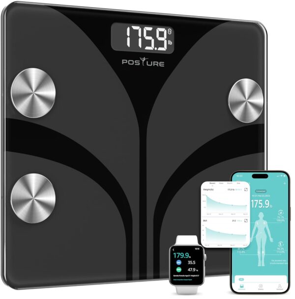 Posture Scale for Body Weight, Digital Bathroom Smart Scale LCD Display, 13 Body Composition Analyzer Sync Weight Scale BMl Health Monitor Sync Apps 400lbs - Black