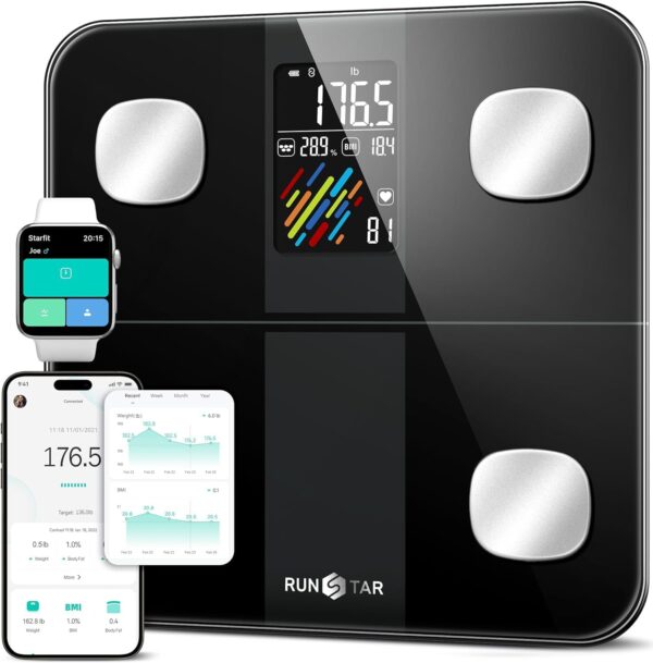 Runstar Smart Scale for Body Weight and Fat Percentage, High Accuracy Digital Bathroom Scale with Large Display for BMI Heart Rate 15 Body Composition Analyzer Sync with Fitness...