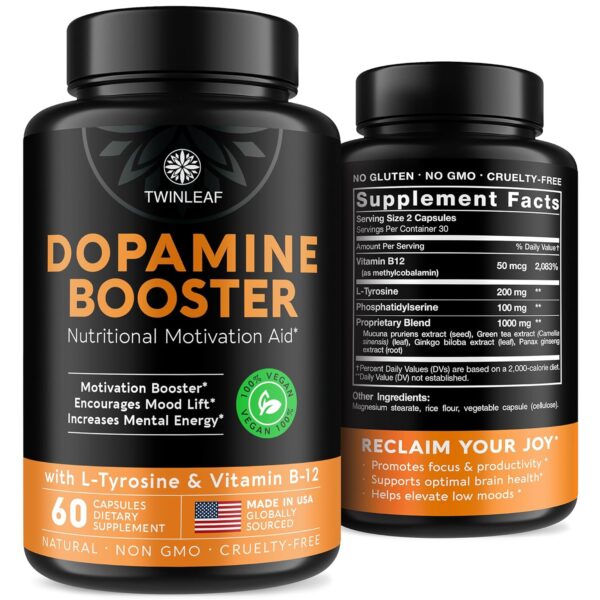 TWINLEAF Dopamine Brain Support Supplement, 1000 mg Blend - Made in USA - with Vitamin B12 and L-Tyrosine - Enhance Mental Well-Being - 60 Capsules