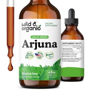 Wild & Organic Arjuna Bark Tincture - Overall Well-Being Supplement - Alcohol-Free Liquid Drops - Terminalia Arjuna Bark Extract - No Sugar & Additives, Non-GMO - 4 fl oz