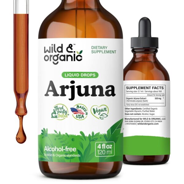 Wild & Organic Arjuna Bark Tincture - Overall Well-Being Supplement - Alcohol-Free Liquid Drops - Terminalia Arjuna Bark Extract - No Sugar & Additives, Non-GMO - 4 fl oz