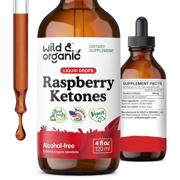 Wild & Organic Raspberry Ketones Liquid Drops - Vegan Raspberry Ketones Supplement for Overall Well-Being - 5-Month Supply - Non-GMO, No Alcohol & Sugar - 4 fl oz