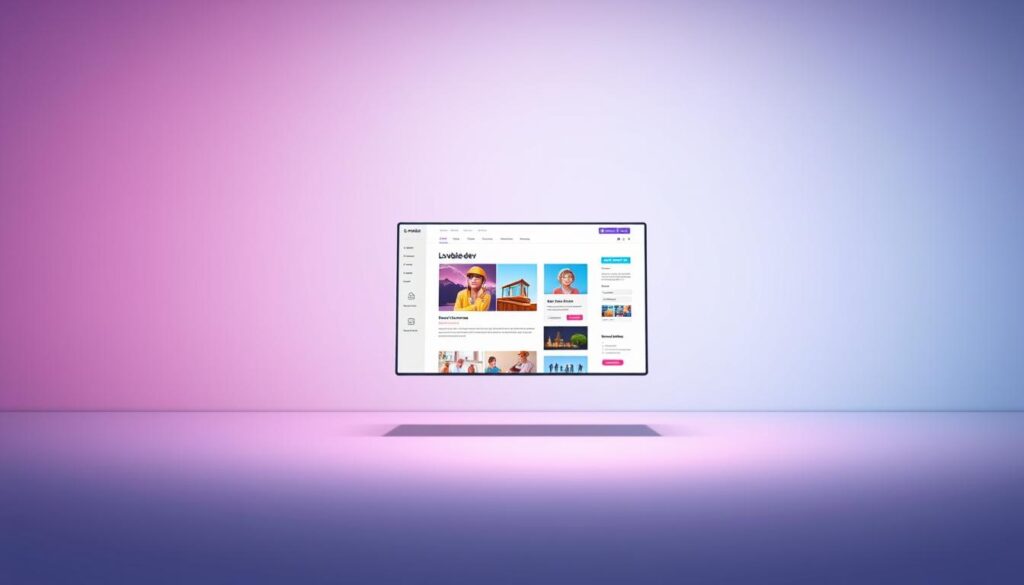 A sleek, modern AI-powered website builder interface hovers against a minimalist backdrop. In the foreground, a user-friendly dashboard displays intuitive design controls, seamlessly integrating the &quot;Lovable dev&quot; brand identity. The middle ground features a responsive website preview, showcasing the effortless customization of layouts, typography, and imagery. In the background, a soft, gradient-infused environment evokes a sense of technological sophistication and creative potential. Subtle lighting accentuates the clean lines and elegant simplicity of the interface, inviting the user to unleash their web design prowess with the power of AI.