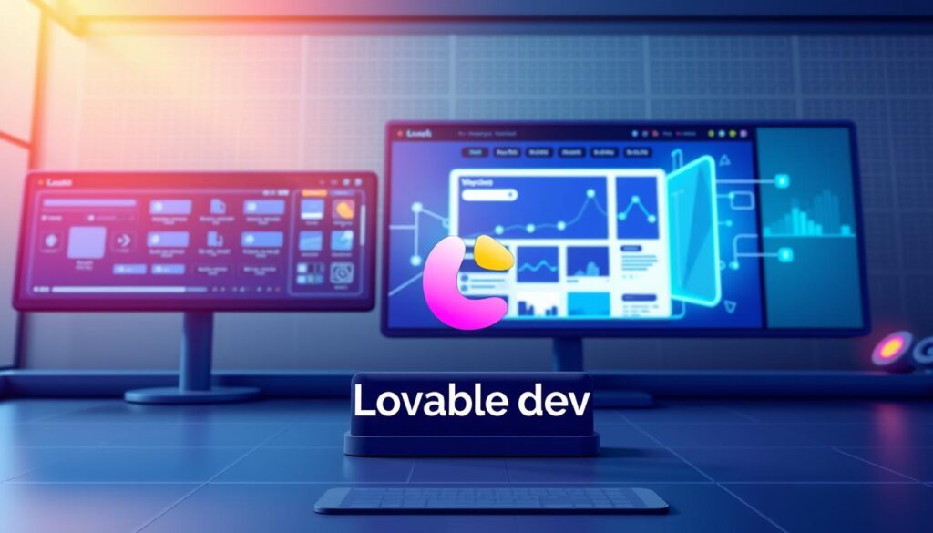 A sleek, modern software interface with a vibrant, futuristic aesthetic. In the foreground, the &quot;Lovable dev&quot; brand logo stands out prominently, surrounded by a clean, minimalist layout of website building tools and features. The middle ground showcases a dynamic 3D rendering of a fully customizable website, with adjustable sections, pages, and layouts. In the background, a subtle grid pattern and holographic accents create a sense of technological sophistication. Warm, directional lighting from the top left casts a gentle glow, enhancing the overall sense of polish and refinement. The scene conveys a seamless, intuitive user experience for effortless website design.