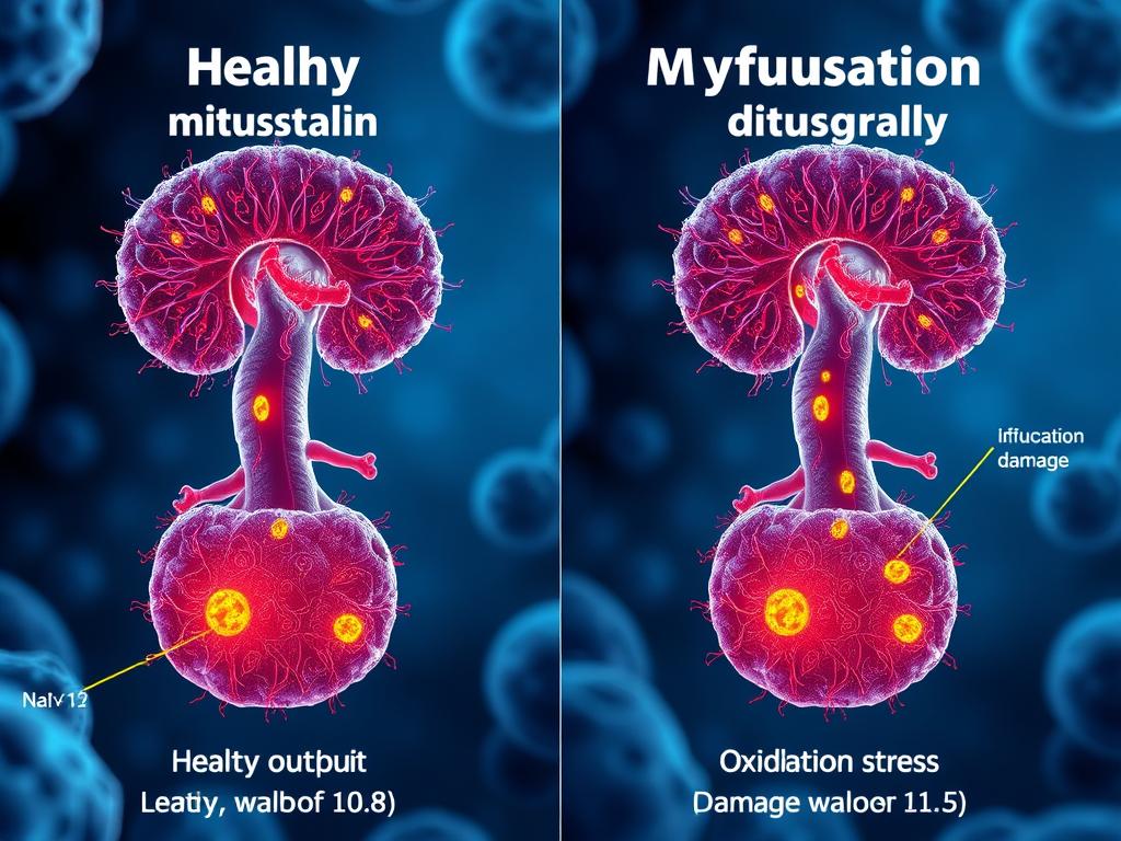 Comparison of healthy vs. dysfunctional mitochondria showing the impact on energy production and need for mitochondrial supplements