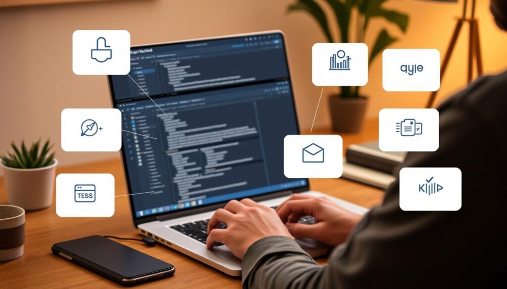 Person efficiently using no-code tools with productivity tips visible as overlays for No-Code Tools for Quick Task Completion