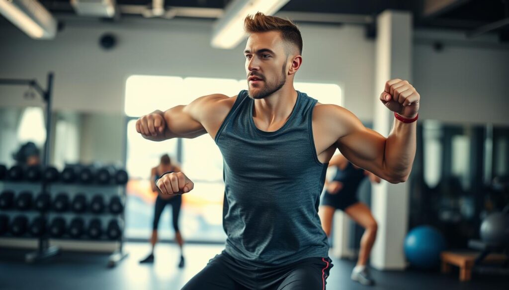 Person engaging in HIIT exercise to stimulate mitochondrial biogenesis, complementing mitochondrial supplements