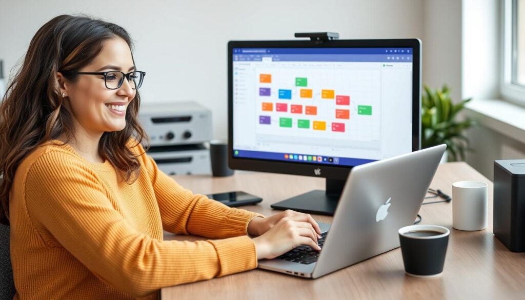 Person using no-code tools on laptop with a satisfied expression, demonstrating No-Code Tools for Quick Task Completion