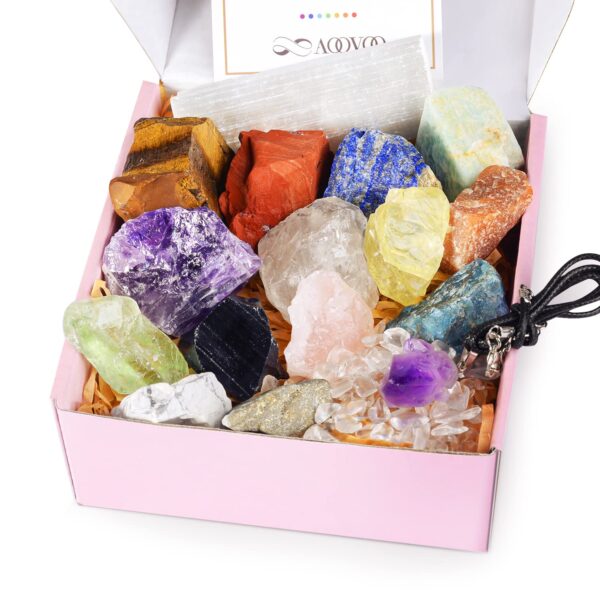 AOOVOO 17Pcs Crystals and Healing Stones, 14Pcs Real Raw Chakra Stones Set, Selenite Charging Plate, Amethyst Necklace, Rose Quartz, Mothers Day Gifts, Gift Box, Guide for...