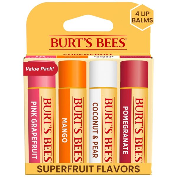 Burt's Bees Lip Balm - Pink Grapefruit, Mango, Coconut & Pear, and Pomegranate Pack, Lip Moisturizer With Beeswax, Tint-Free, Natural Origin Conditioning Treatment, 4 Tubes,...