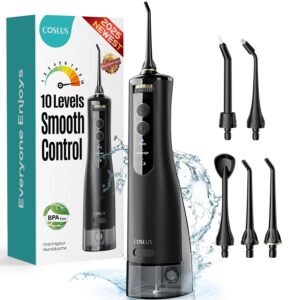 COSLUS Cordless Water Flosser & Dental Pick for Teeth, Braces, Gums Care - Advanced 10 Pressure Settings for Multiple Users, Rechargeable, Portable for Travel, BPA-Free, Black,...