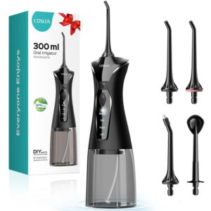 COSLUS Water Dental Flosser Pick for Teeth: 4 Modes Cordless Portable 300ML Larger Tank Water Teeth Cleaner IPX7 Waterproof Flossing Cleaning Picks for Home Travel Black...