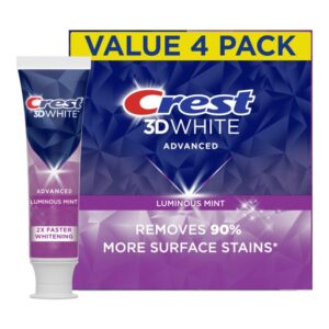 Crest 3D White Advanced Luminous Mint Teeth Whitening Toothpaste, Crest Toothpaste, 3.7 oz Pack of 4 - Helps Remove Surface Stains, Whitens Teeth, Strengthens Tooth Enamel,...