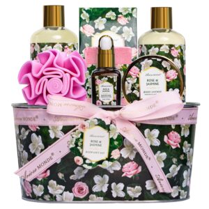 Gift Basket for Women - 8 Pc Rose & Jasmine Beauty & Personal Care Set - Home Bath Pampering Package for Relaxing - Spa Self Care Kit - Thank You, Birthday, Mom, Anniversary,...