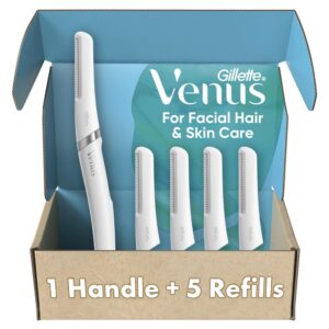 Gillette Venus Facial Razor, Exfoliating Dermaplaning Tool for Face, Replaceable Refills, Removes Fine Facial Hair, Exfoliates Dead Skin, Skin Defense Guard, Handle with 5 Blade...