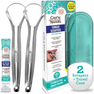 GuruNanda Tongue Scraper for Adults (2 Pack) with Travel Case, 420 Medical-Grade 100% Stainless Steel Tongue Cleaner, Aids in Fresh Breath & Oral Care