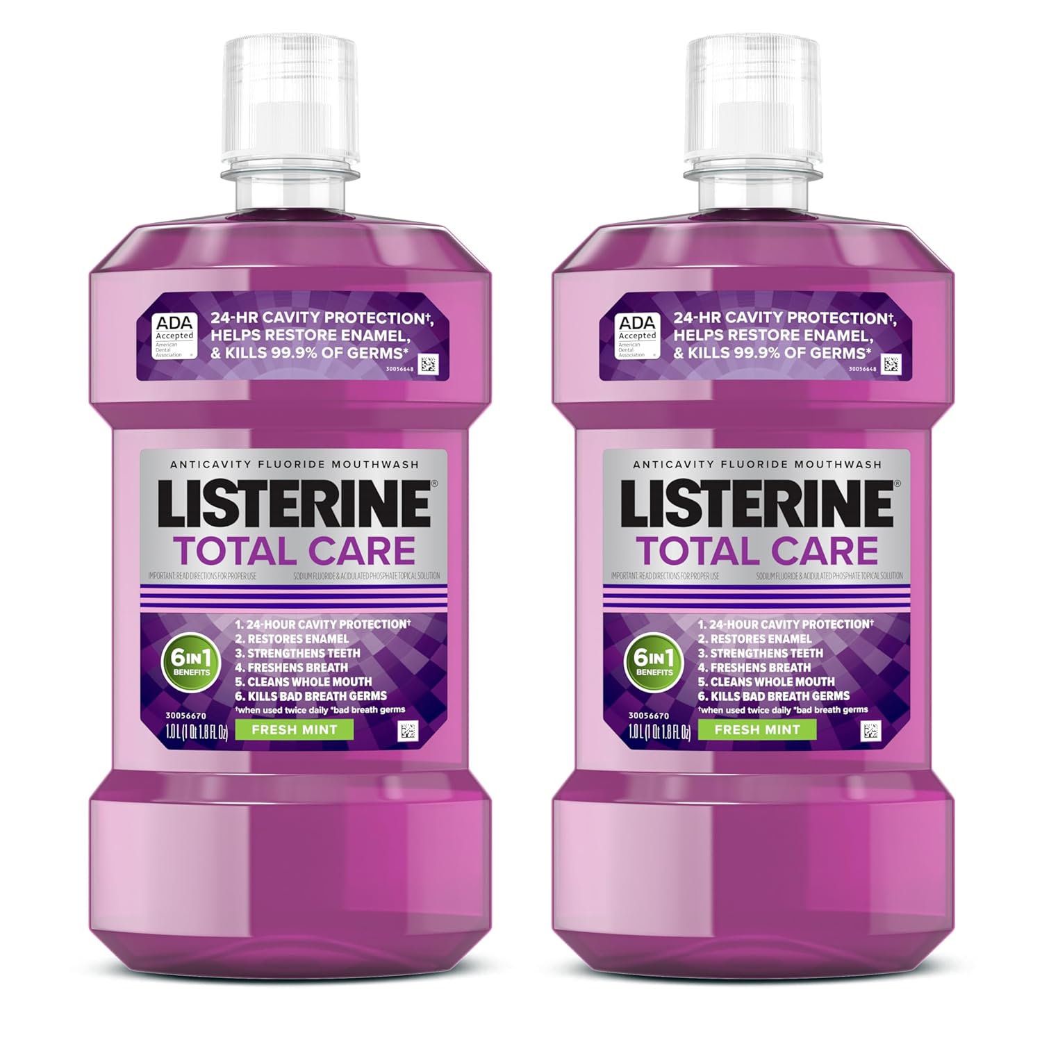 Listerine Total Care Anticavity Fluoride Mouthwash, 6 Benefits in 1 Oral Rinse Helps Kill 99% of Bad Breath Germs, Prevents Cavities, Strengthens Teeth, Fresh Mint, Twin Pack, 2...