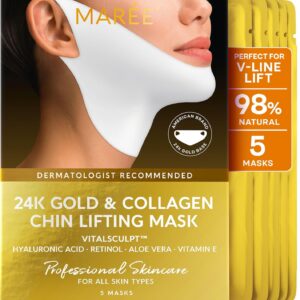 MAREE Collagen Facial Mask with Hyaluronic Acid - Hydrating Face Masks Skincare - Mascarillas Faciales For Women Skin Care - Gold, 5 Count