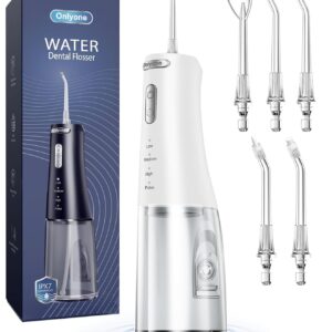 Onlyone Water Dental Flosser, 300ML Portable Oral Irrigator for Teeth, 4 Modes and 5 Jet Tips,Rechargeable Irrigation Cleaner,Electric Flossing Machine Power Flossers &...