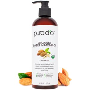 PURA D'OR 16 Oz ORGANIC Sweet Almond Oil - 100% Pure & Natural USDA Certified Cold Pressed Carrier Oil For DIY Beauty - Non-Greasy, Unscented, Hexane Free Moisturizer - Massage...