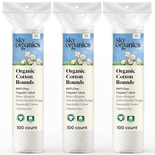 Sky Organics Organic Cotton Rounds for Sensitive Skin, 100% Pure GOTS Certified Organic for Beauty & Personal Care, 300 ct